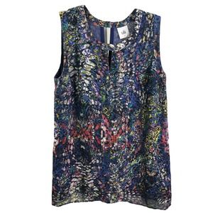 CAbi #3093 Women's Tops Stained Glass Keyhole‎ Sleeveless Blouse Blue Floral XS